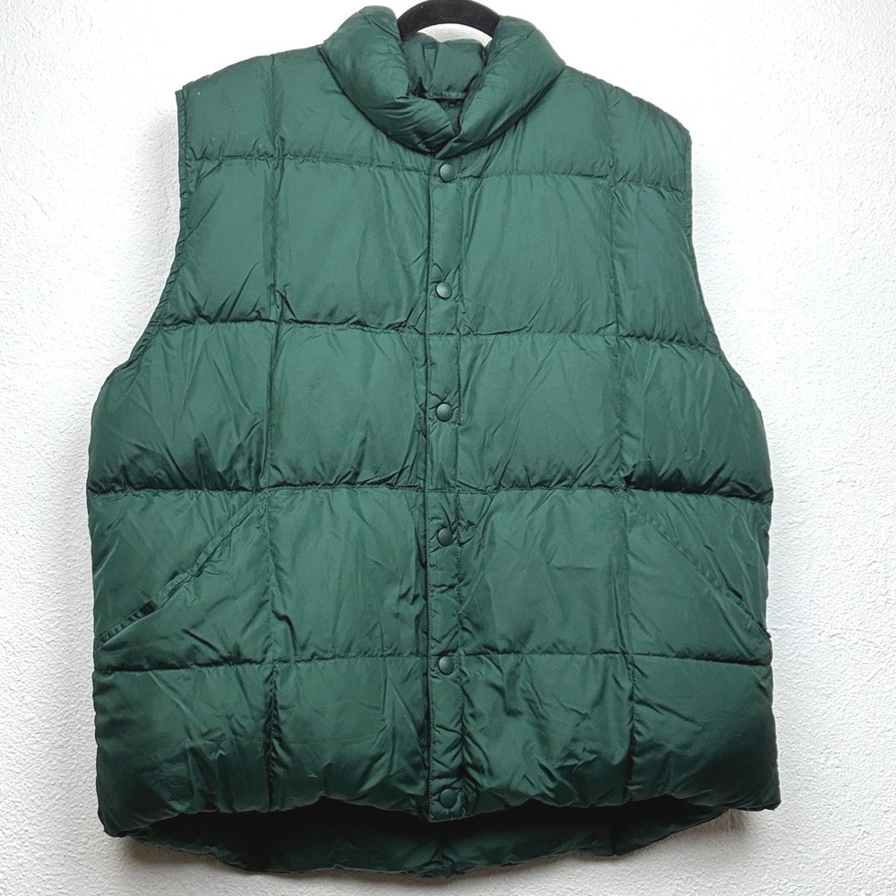Lands End Green Puffer Vest - L - Goose Down Snap Front Gorpcore Outdoor Puffer